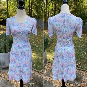 Women's Vintage 1970s Floral Babydoll dress Mod Psychedelic Wedding Mini M/L